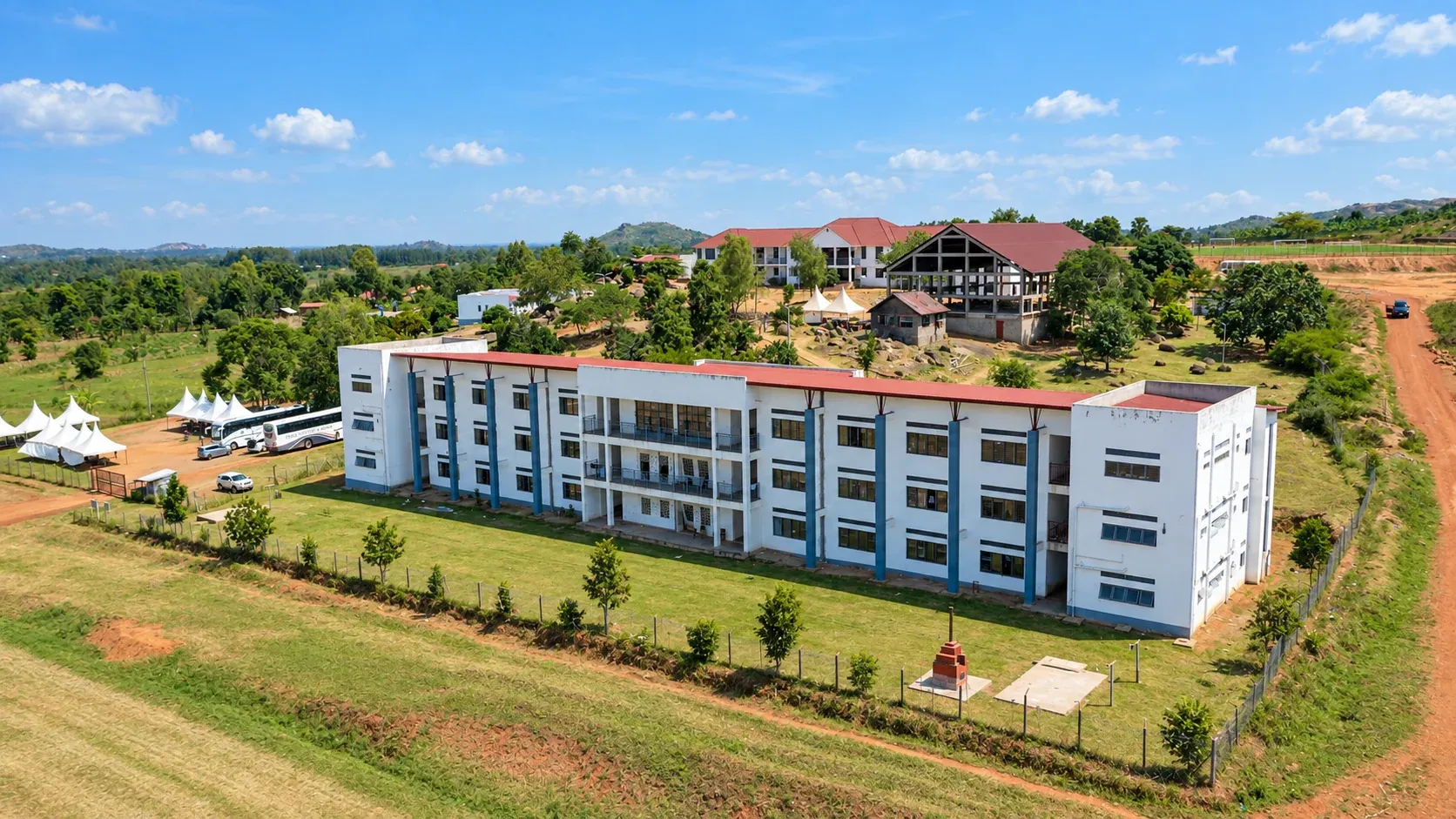 Aerial view of an Amus College School campus building