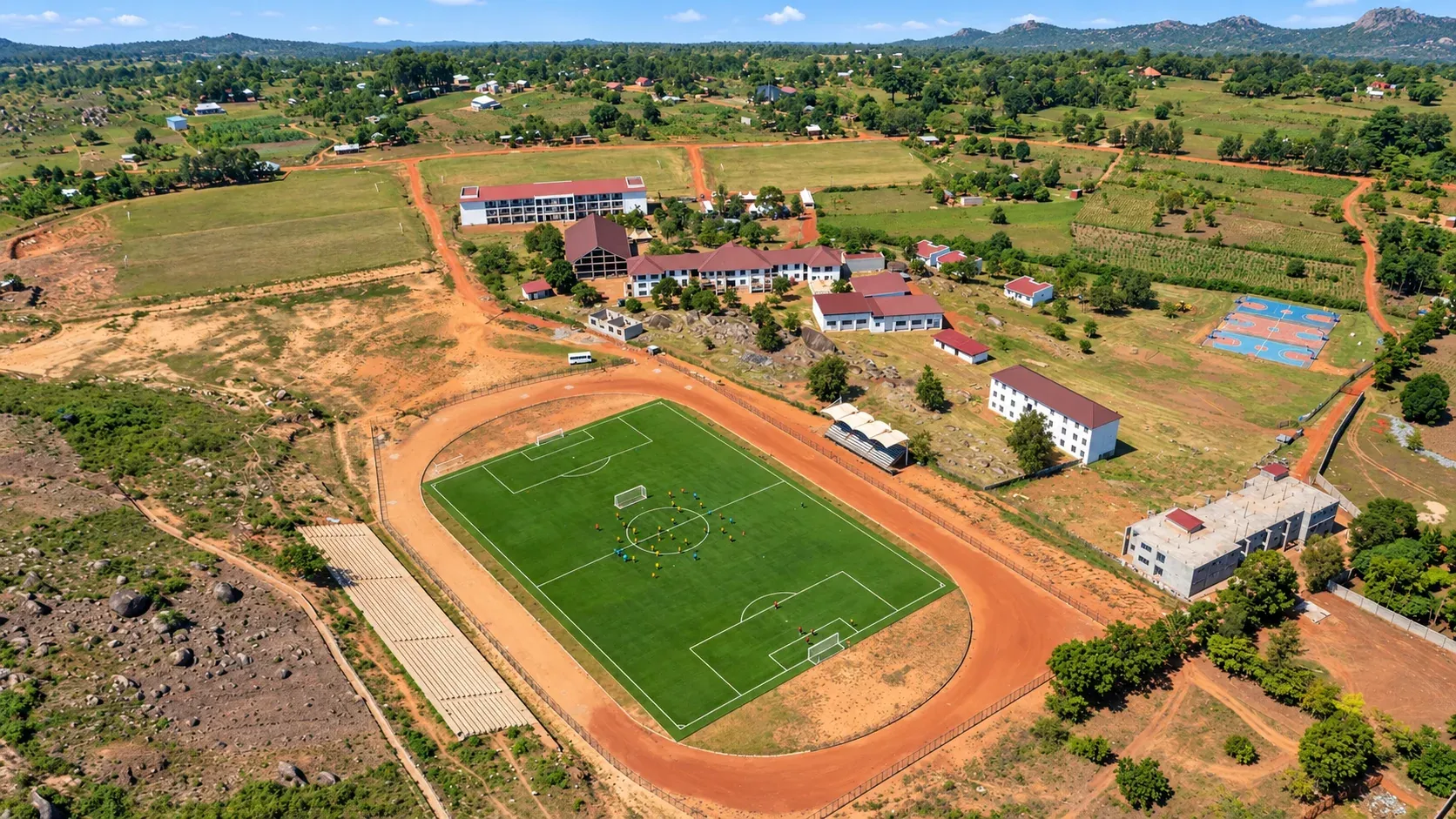 Amus College School football pitch and campus viewed from above