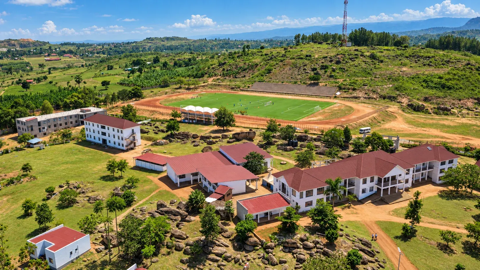 Amus College School campus and sports field viewed from above